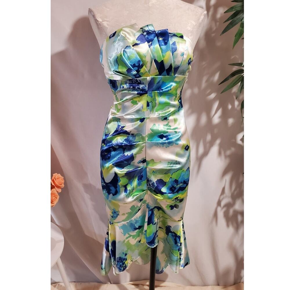 Vtg Jump Apparel Floral Ruched Satin Hi-Low Strapless Mermaid Dress Size 5/6 Y2K